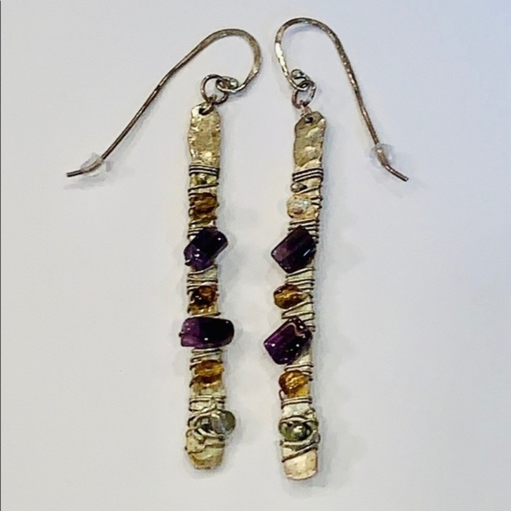Amethyst wire wrapped long dangle sterling silver